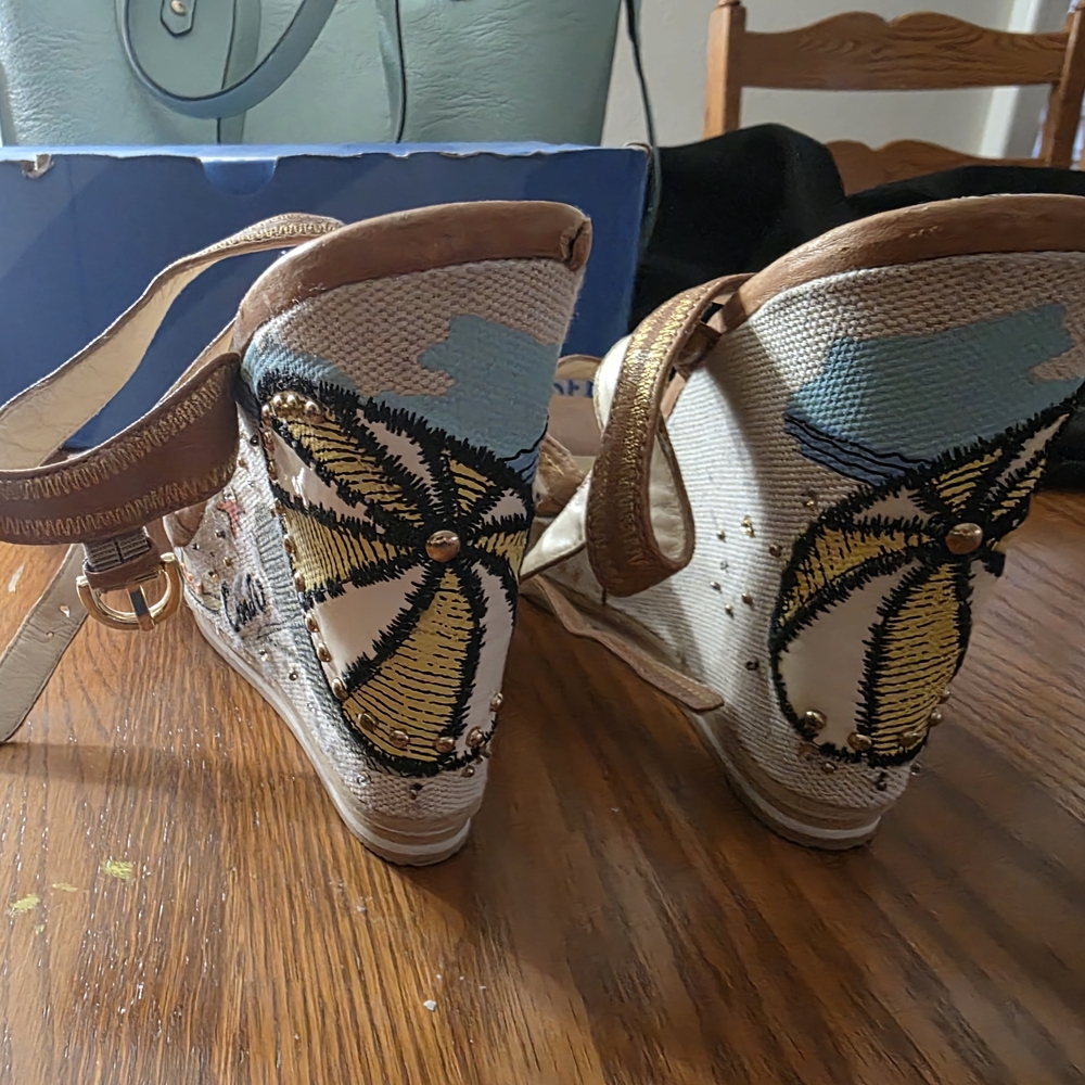 Coach Beige and Yellow Embroidered Wedge Heels